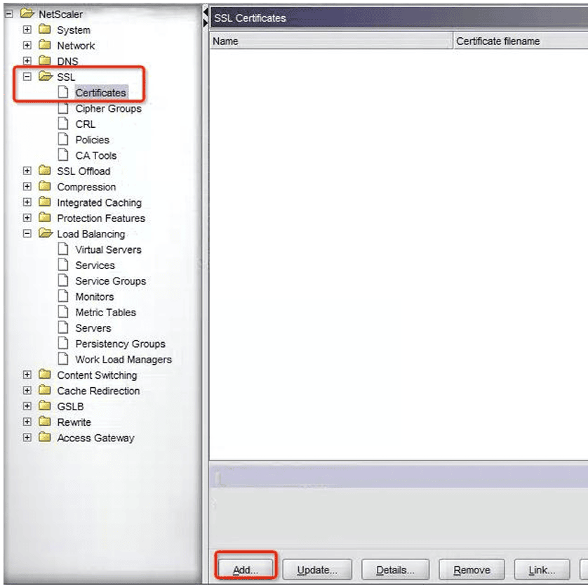 Netscaler SSL Certificates 页面