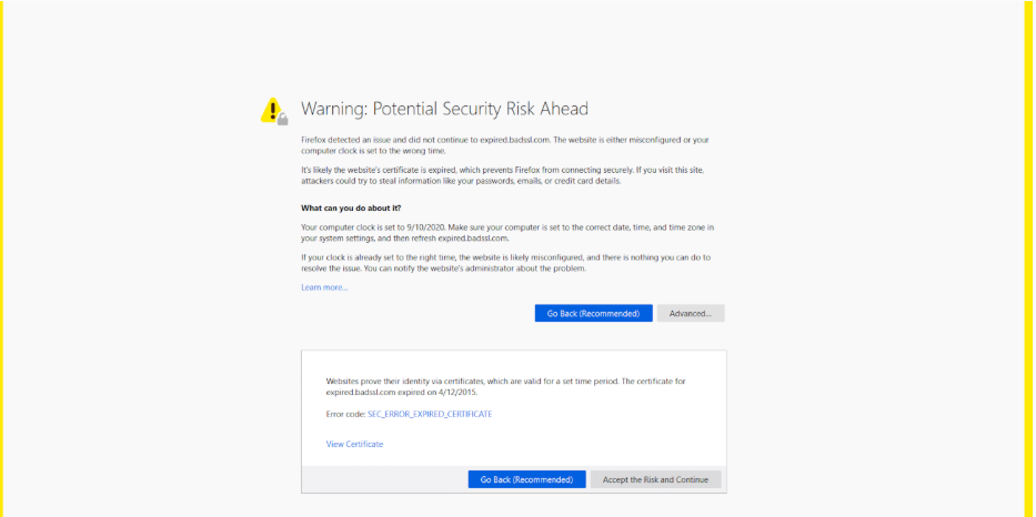 火狐浏览器NET::ERR_CERT_DATE_INVALID错误图示