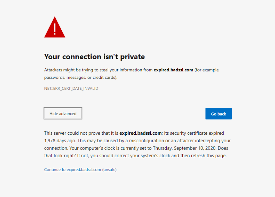 NET::ERR_CERT_DATE_INVALID 错误消息 edge