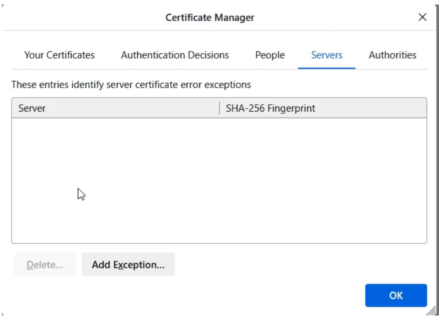 在「服务器」或「授权机构」中找到目标证书