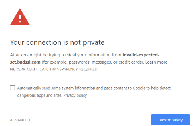 NET::ERR_CERTIFICATE_TRANSPARENCY_REQUIRED”错误图示