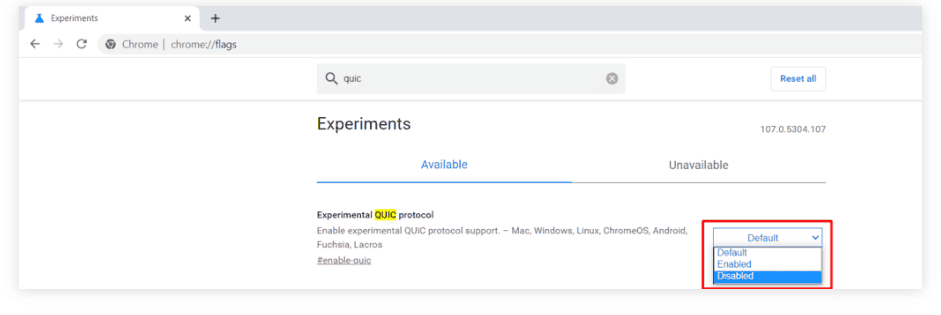 在 Chrome 中禁用实验性 QUIC 协议