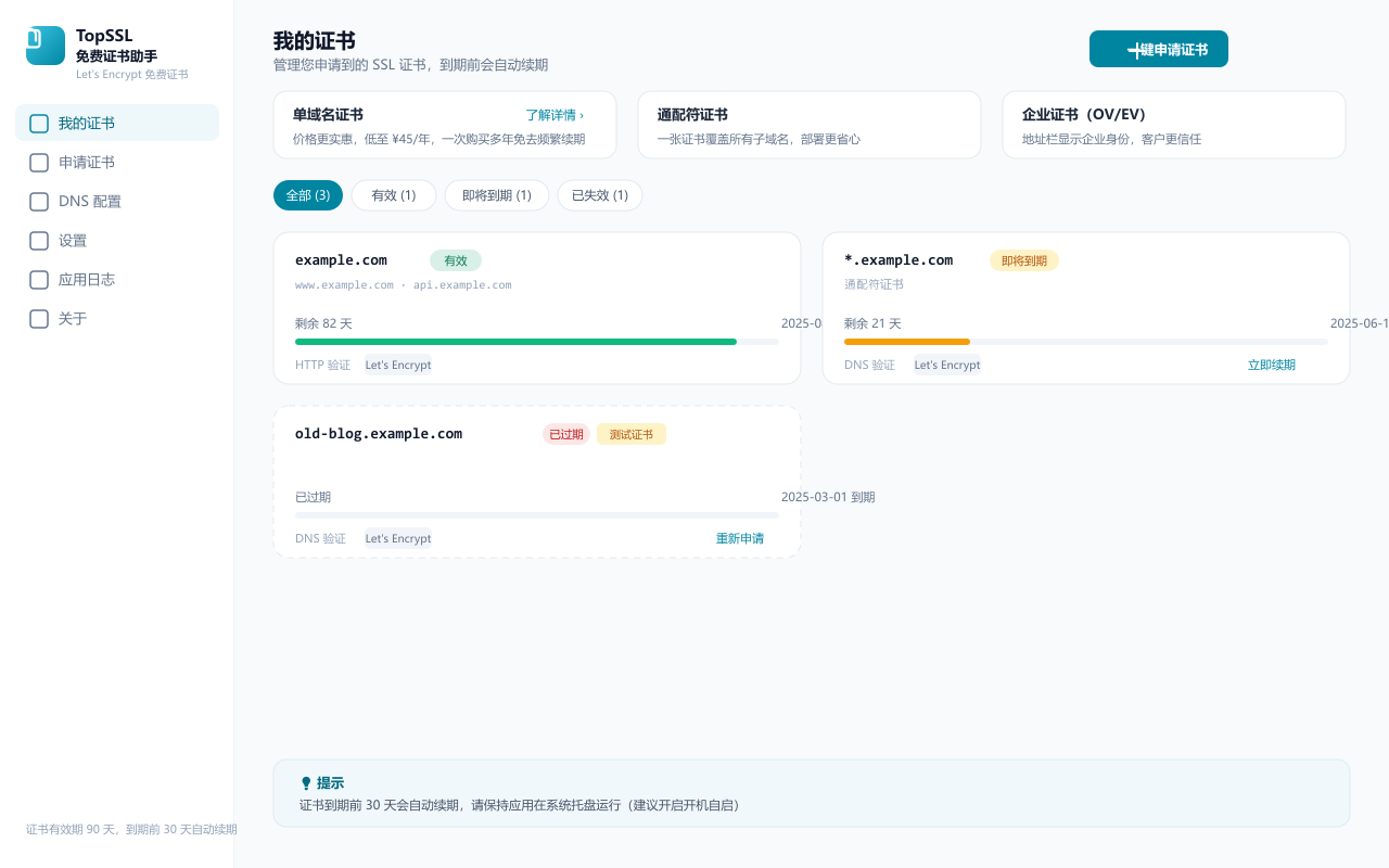 TopSSL免费证书助手 · 我的证书界面